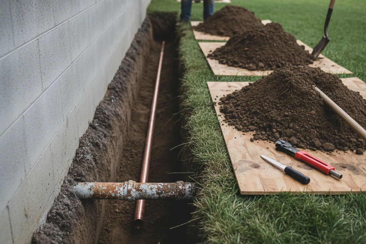 Excavated water line trench during Water Heater Repair in East Weymouth